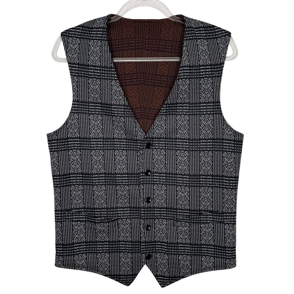 1970s Handmade Reversible Patterned Knit Vest Button Front Unisex S-M